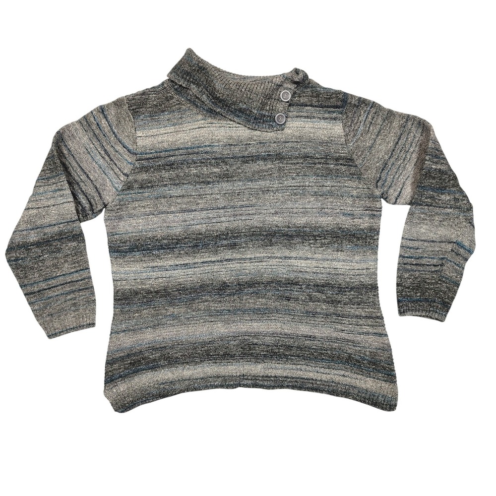Christopher & Banks Sweater Women L Grey Blue Striped Button Collar Cotton Blend